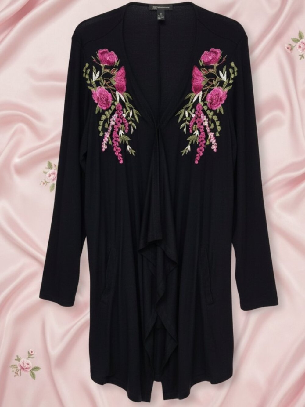 INC*Black w/Vibrant Pink/Green Floral Embroidery*Open-Front Cardigan*Size: 2X